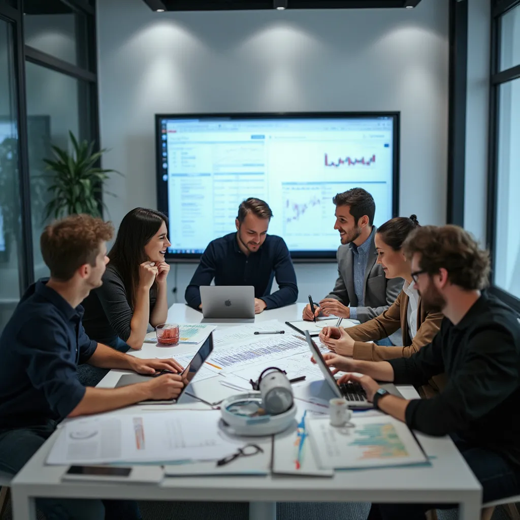 Equipo colaborando en estrategias de inversión en oficina moderna