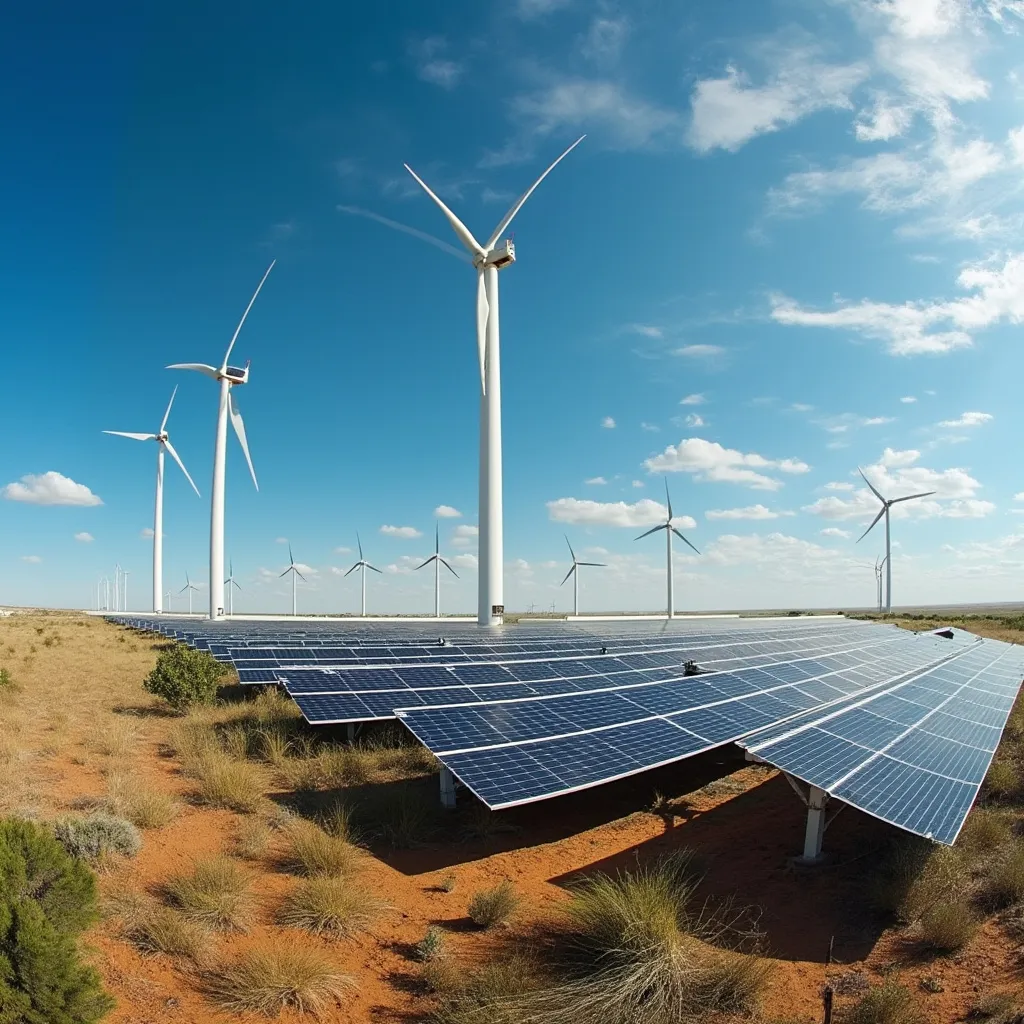Parque eólico y paneles solares en paisaje argentino